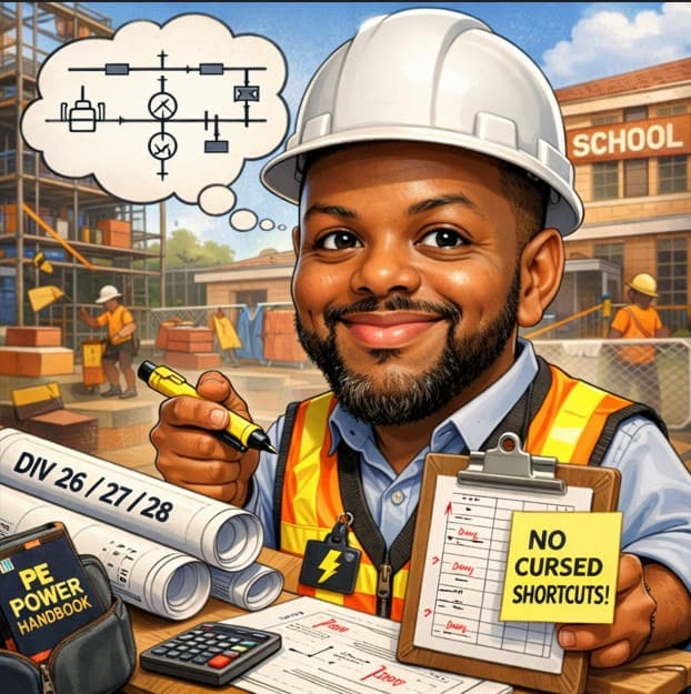 Engineering project coordination illustration representing electrical systems and construction documentation.